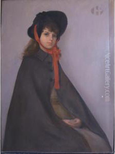 Portrait Of A Young Woman In A Cloak And A Bonnet Tied With A Red Ribbon Oil Painting by Harper Pennington