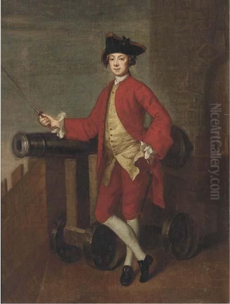 Portrait Of An Officer, Small Full-length, On A Battlement, Restinghis Arm On A Canon Oil Painting by Edward Penny