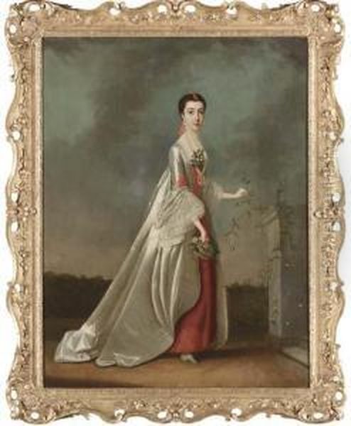 Portrait Of A Lady, Said To Be The Duchess Of Somerset, Smallfull-length, In A Red And White Dress, In A Landscape Oil Painting by Edward Penny