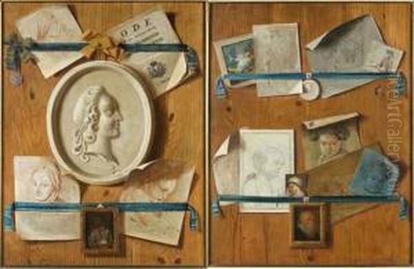 Trompe L'oeil Aux Dessins Et Medaillons De Marbre Oil Painting by Jean Valette-Falgores