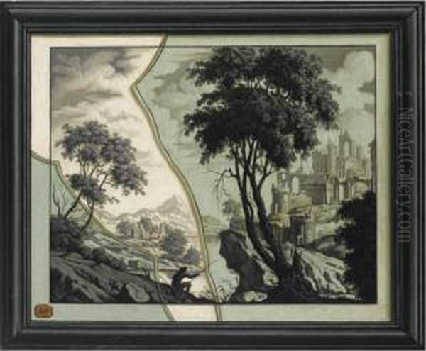 A Framed Landscape With A Fisherman Painted Below Broken Glass Oil Painting by Jean Valette-Falgores