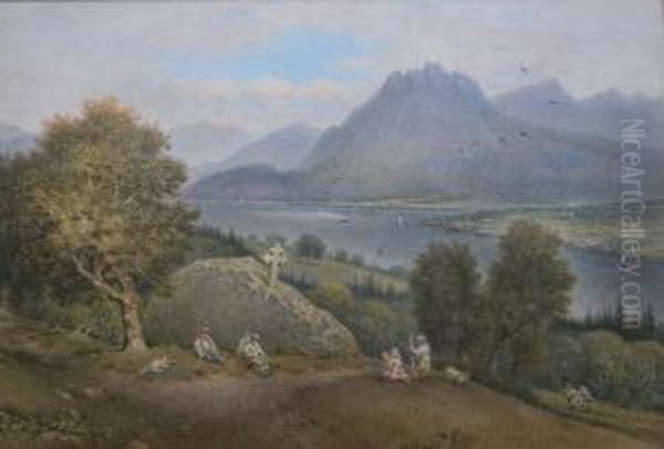 Figures At A Shrine Above A Continental Lake Oil Painting by James Penson