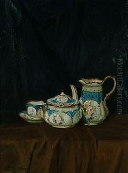 Still Life Of A China Tea Set Oil Painting by Janos Pentelei-Molnar