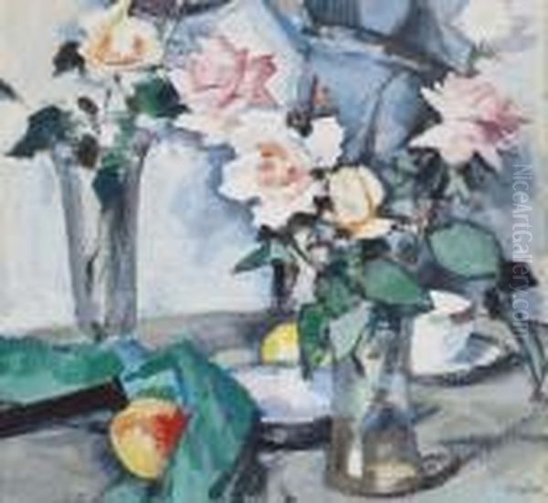 Roses And Teacup Oil Painting by Samuel John Peploe