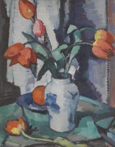 Still Life Of Red Tulips In A Chinese Vase Oil Painting by Samuel John Peploe