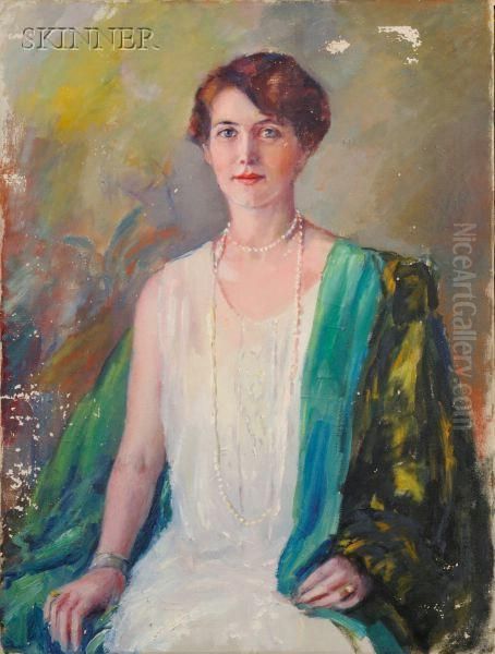 Pearls And Green Shawl/a Portrait Oil Painting by Charles Hovey Pepper