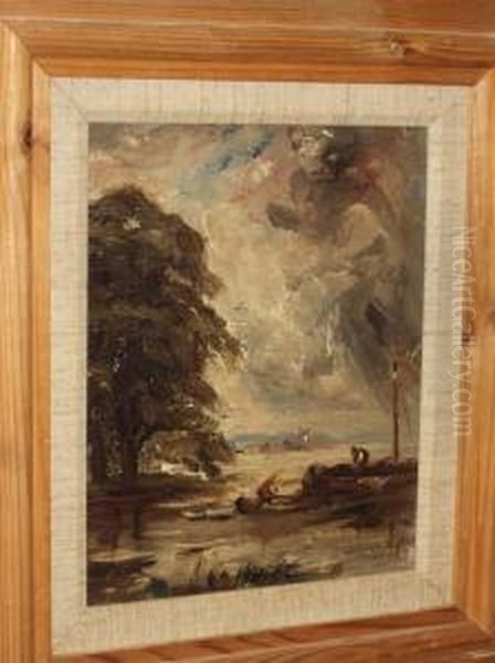 River Landscape With Figures And Boats Oil Painting by Arthur Douglas Peppercorn