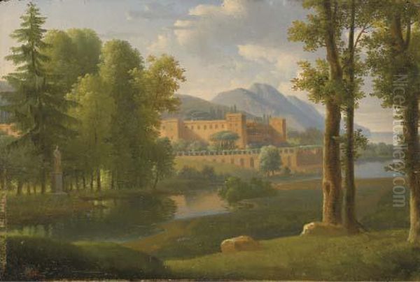 Un Paysage Fluvial Avec Un Chateau Fortifie Oil Painting by Jean-Pierre Pequignot