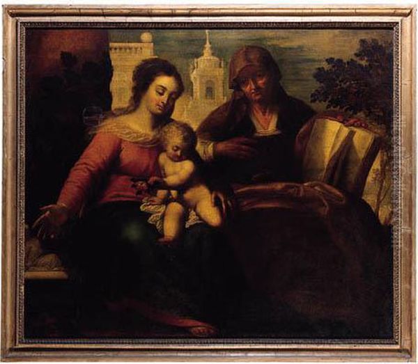 The Madonna And Child With Saint Anne, A Church Beyond Oil Painting by Santo Peranda