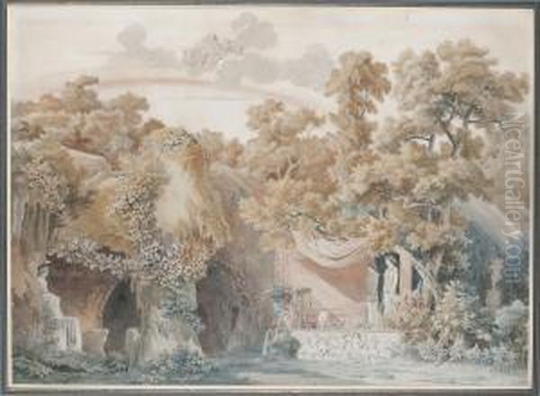 Stage Design: A Grotto With The Temple Of Vesta, Juno In The Sky Above Oil Painting by Charles Percier