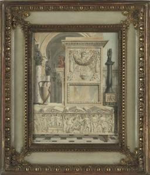 A Classical Capriccio With A Sarcophagus In The Foreground Oil Painting by Charles Percier