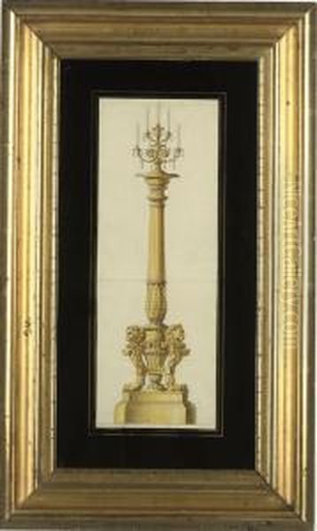 Design For A Neo-classical Gilt-bronze Tripod Candelebra, On Flutedcolumn, With Acanthus And Lion Base Oil Painting by Charles Percier