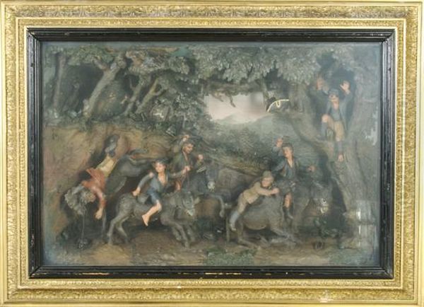 A Humorous Scene Involving Six Young Men Riding Donkeys Through The Forest Oil Painting by Samuel Percy