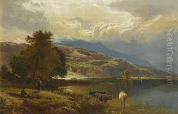 The Glastyn Near Beddgelert, North Wales; Mountainous Lake Scene With Figures And Cattle Oil Painting by Sidney Richard Percy