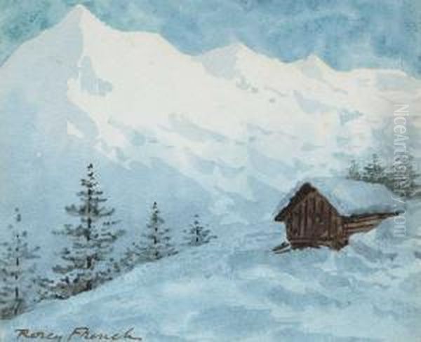 An Alpine Log Cabin Oil Painting by William Percy