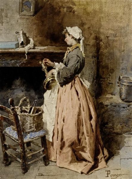 Young Woman Before A Fireplace, Lighting A Candle Oil Painting by Eugenio Perego