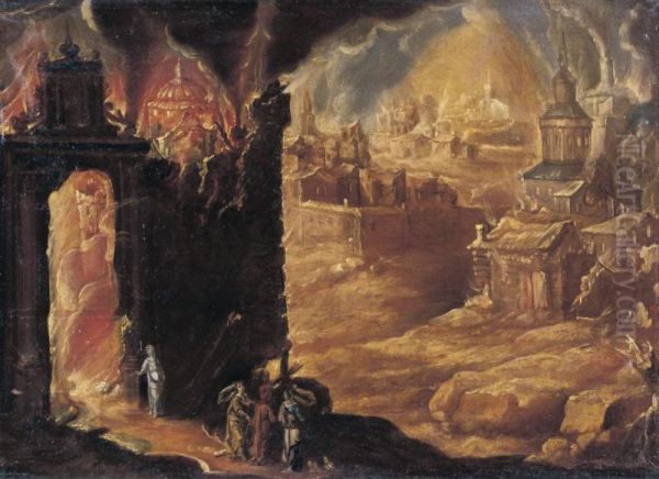 The Destruction Of Sodom And Gomorrah With Lot And His Daughters Oil Painting by Diogo Pereira