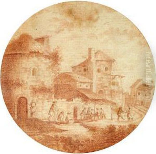 A View Of A Village With Peasants In The Foreground Oil Painting by Adam Perelle