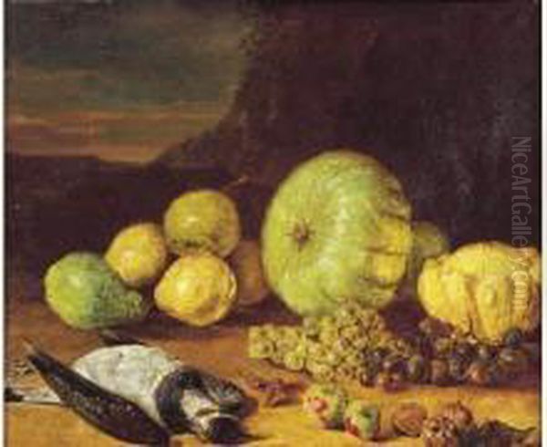 Nature Morte De Fruits Et Vanneau Huppe Dans Un Paysage Oil Painting by Dominique Pergault