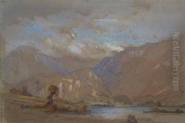 Mountains And Lake With Field Artillery Gun To Fore Ground Oil Painting by Arthur Perigal