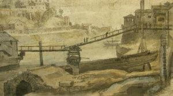 Figures On A Bridge In Rural Riverscene Oil Painting by Alexis Nicolas Perignon