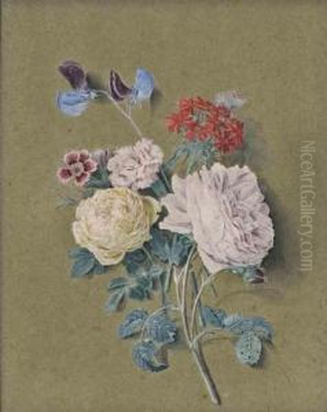 A Spray Of White And Pink Roses, Sweet William, Sweet Pea Andlychnis Chalcedonica Oil Painting by Alexis Nicolas Perignon