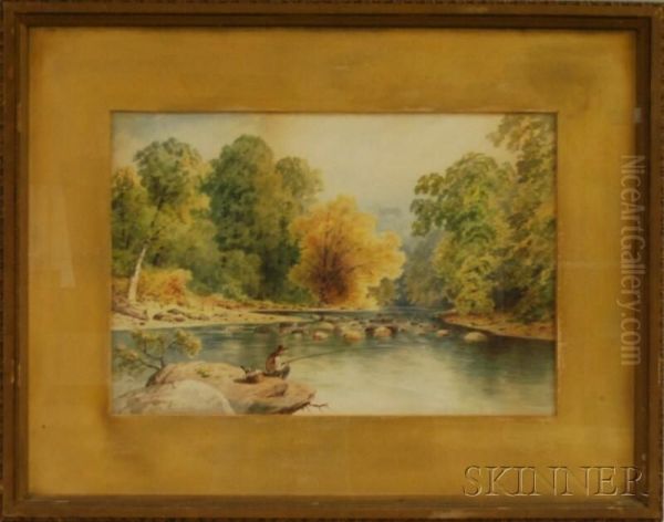 River Scene With A Fisherman Oil Painting by Granville Perkins