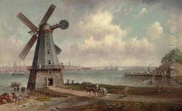 Lower Manhattan With The Last Windmill In New Jersey Oil Painting by Granville Perkins