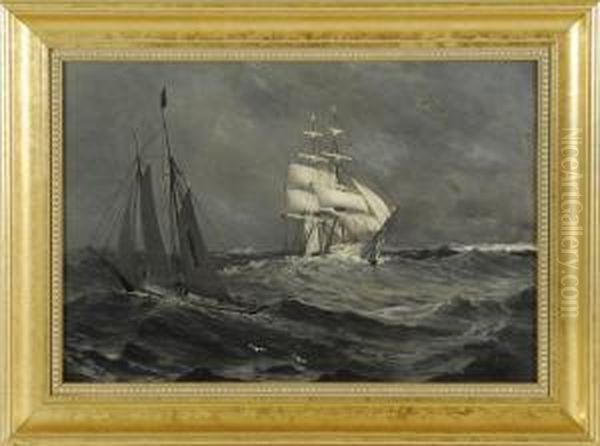 Two Passing Sailing Ships Oil Painting by Parker S. Perkins