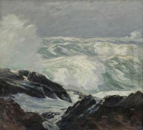 Waves Crashing On Rocks Oil Painting by Parker S. Perkins