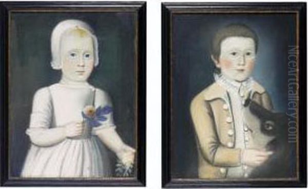 A Pair Of Portraits Of A Sister And Brother: Young Girl In Lace Cap With Rose, And Boy With A Large Brown And Gray Dog Oil Painting by Sarah Perkins, The Beardsley Limner