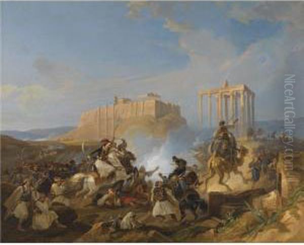 Battle Scene From The Greek War Of Independence Oil Painting by Christian Johann G. Perlberg