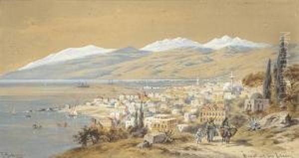 Figures And A Donkey Above Beirut Oil Painting by Friedrich Perlberg