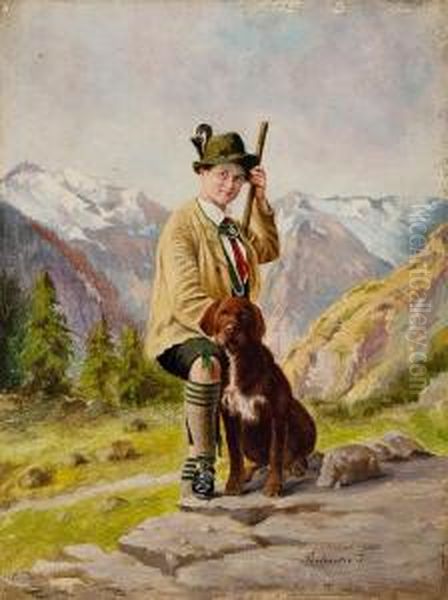 Bub In Tracht Mit Hund Im Gebirge Oil Painting by Imre Perlmutter