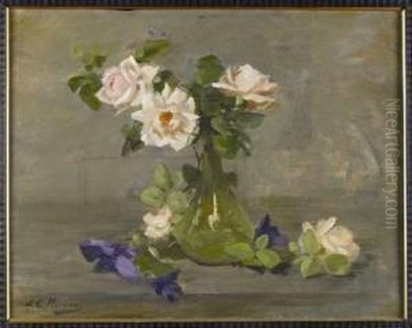 A Still Life Of Peach Roses Oil Painting by Louise Ellen Perman