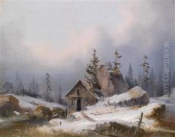 Winterlandschaft Mit Steinhaus Und Bach Oil Painting by Marcus Pernhart