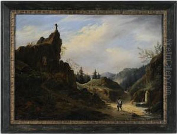 Landscape With Grotto Of The Blessed Virgin Oil Painting by Francois Alexandre Pernot