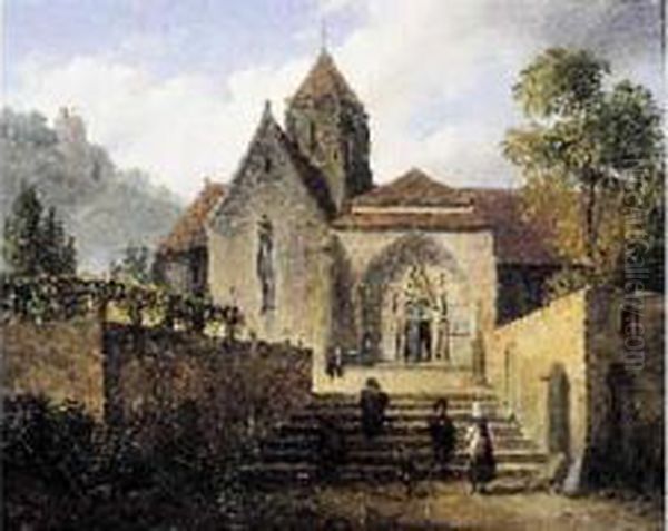 Animation Sur Le Parvis D'une Eglise De Montagne Oil Painting by Francois Alexandre Pernot