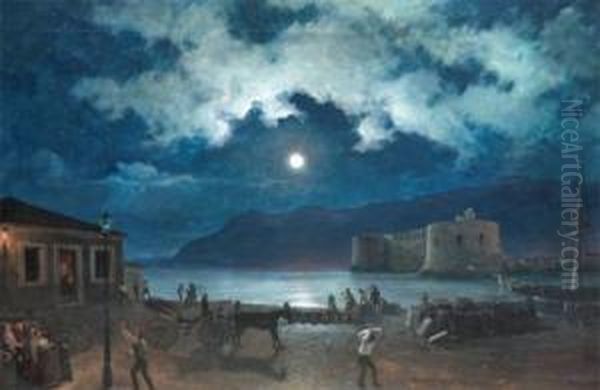 Vue Nocturne De Naples Oil Painting by Henri Pernot