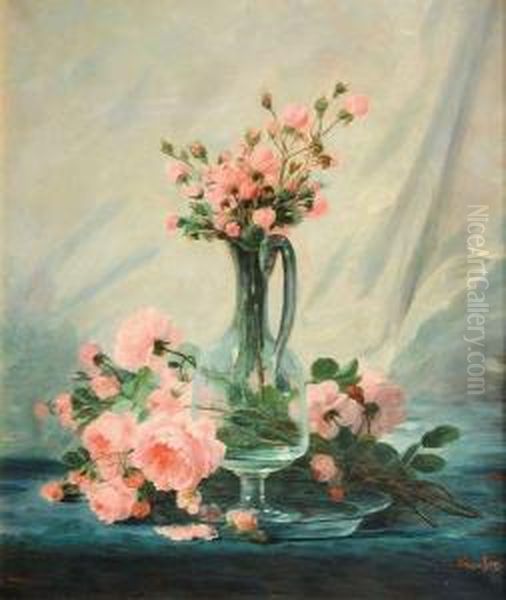 Roses Dans Un Pichet En Verre Oil Painting by Andre Perrachon