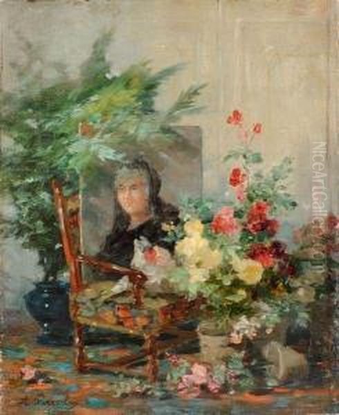 Nature Morte Aux Fleurs Et Au Portrait Oil Painting by Andre Perrachon