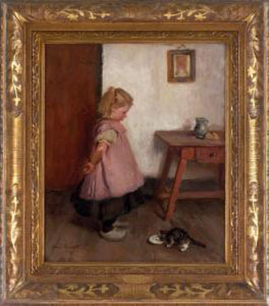 Girl With Cat Oil Painting by Ida Marie Perrault