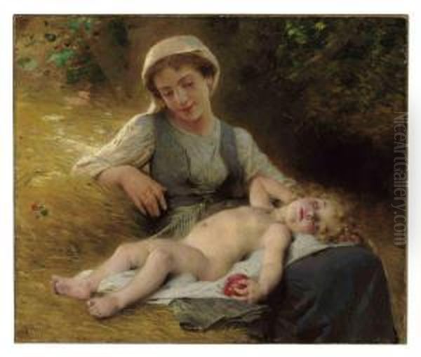 A Mother With Her Sleeping Child Oil Painting by Leon-Jean-Basile Perrault