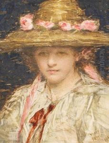 Girl In A Hat Decorated With A Band Of Pinkroses Oil Painting by Mary Perrin