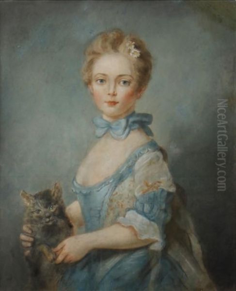 A Girl And A Kitten Oil Painting by Jean-Baptiste Perronneau