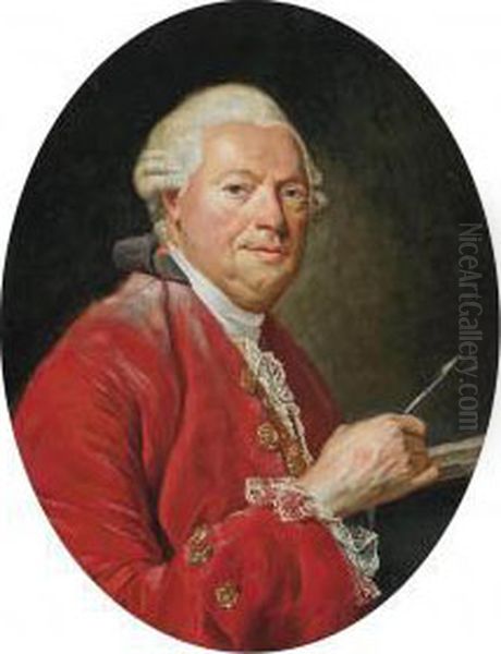 Portrait Of An Artist, Bust-length, In A Red Coat, A Pen In His Right Hand Oil Painting by Jean-Baptiste Perronneau