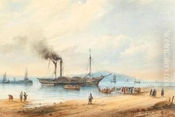 Shore Scene With Anchored Paddle Steamer And Figures Oil Painting by Ferdinand Victor Perrot