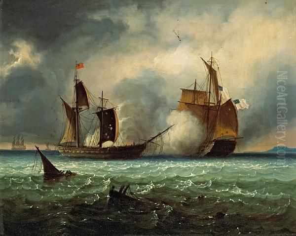 An American Corvette Victorious Over A Britishfrigate Oil Painting by Ferdinand Victor Perrot