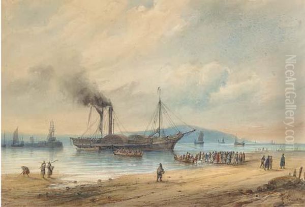 Passengers Disembarking On The Foreshore From An Anchoredpaddlesteamer; And Running Into Port In A Heavy Swell Oil Painting by Ferdinand Victor Perrot