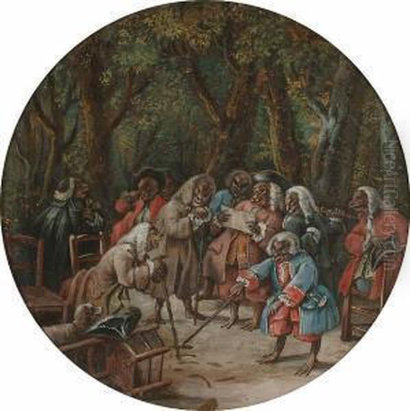 Six Costumed Monkeys Around A Table, Playing Cards Oil Painting by Pierre Josse Joseph Perrot